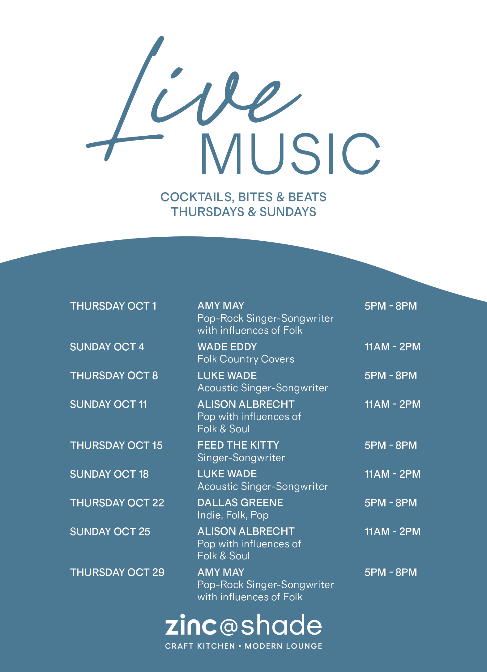A schedule for live music at zinc@shade featuring various artists, dates, and times for Thursday and Sunday performances in October.