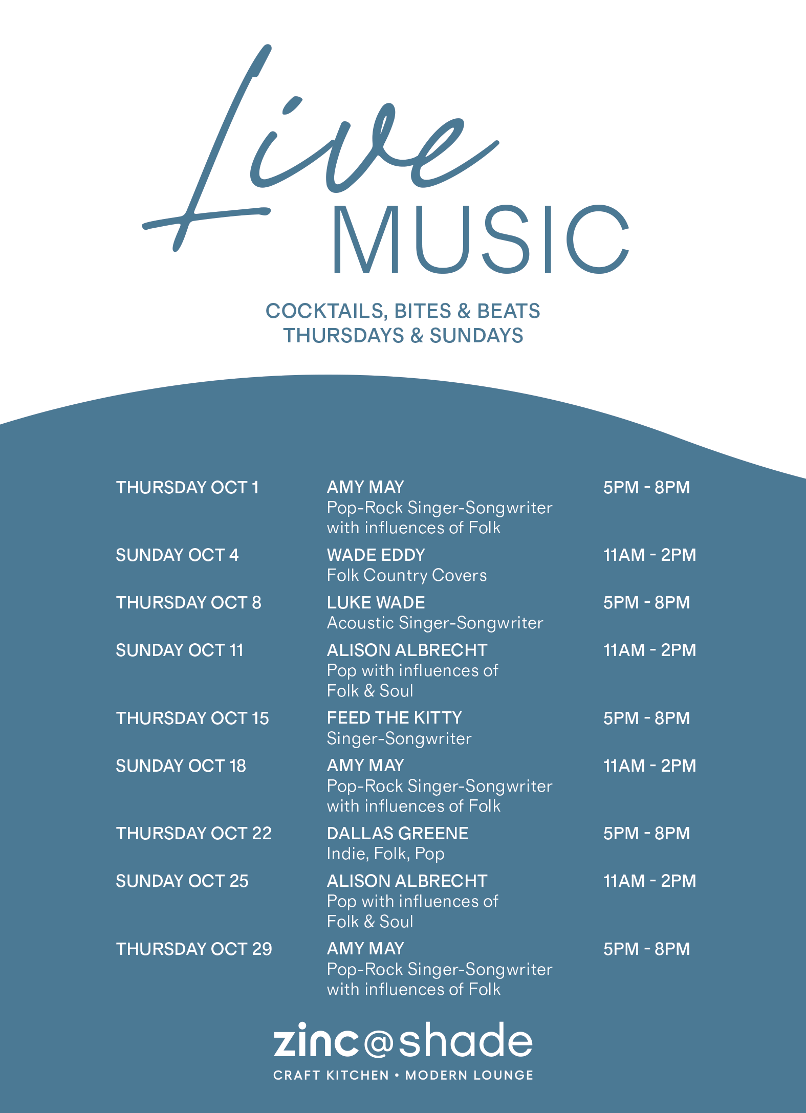 A schedule for live music at zinc@shade featuring various artists, dates, and times for Thursday and Sunday performances in October.