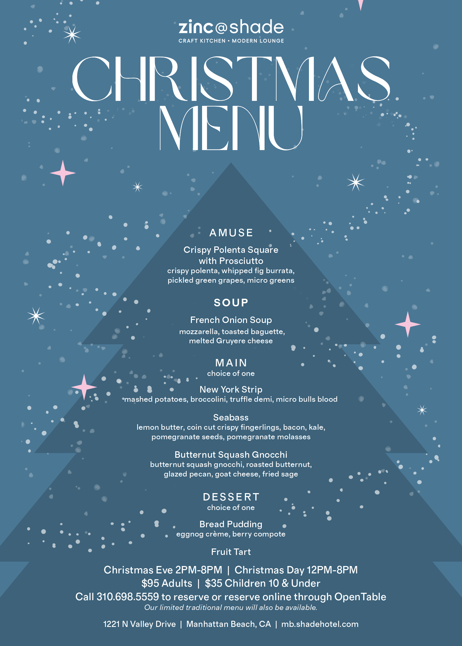 A blue Christmas menu for Zinc at Shade featuring a multi-course holiday meal, pricing, and reservation details for Christmas Eve and Day.
